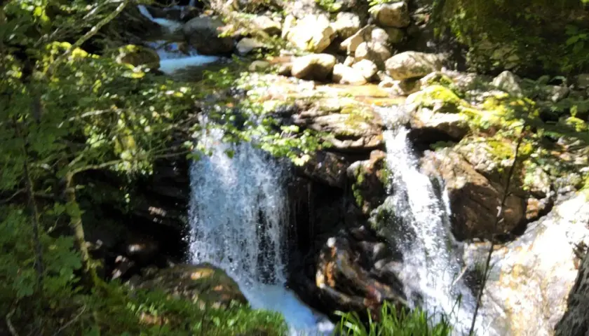 Une cascade de Luchon, entourée de verdure et de rochers moussus, dévale dans un torrent scintillant sous le soleil.