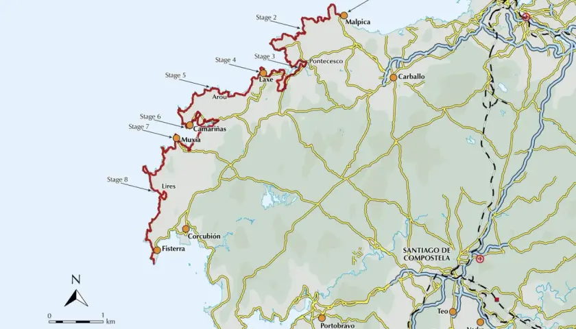 Carte du Camino dos Faros, un sentier côtier en Galice, Espagne, avec 8 étapes marquées de Malpica à Fisterra.