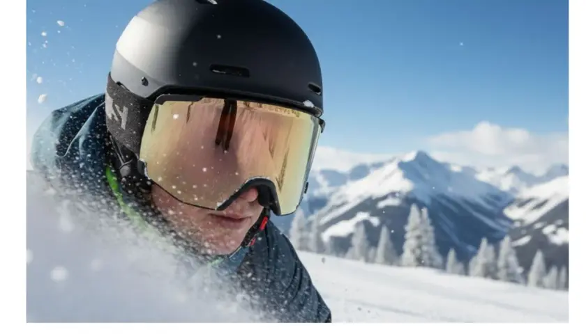 Un skieur en plein effort, le visage couvert de neige. Il est essentiel de nettoyer son masque de ski pour une visibilité parfaite sur les pistes enneigées.