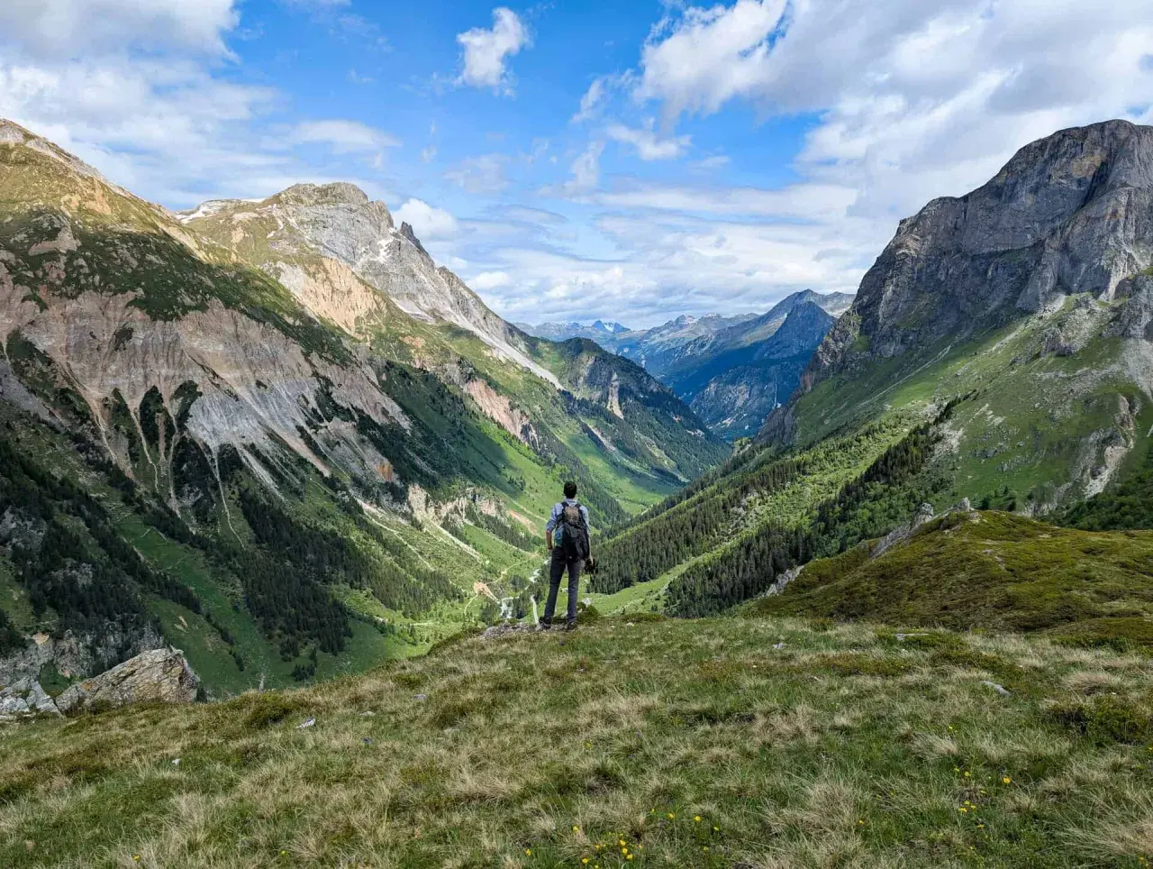 Vue panoramique d'une vallée verdoyante dans le parc de la Vanoise. Un randonneur contemple le paysage, comme sur une carte.