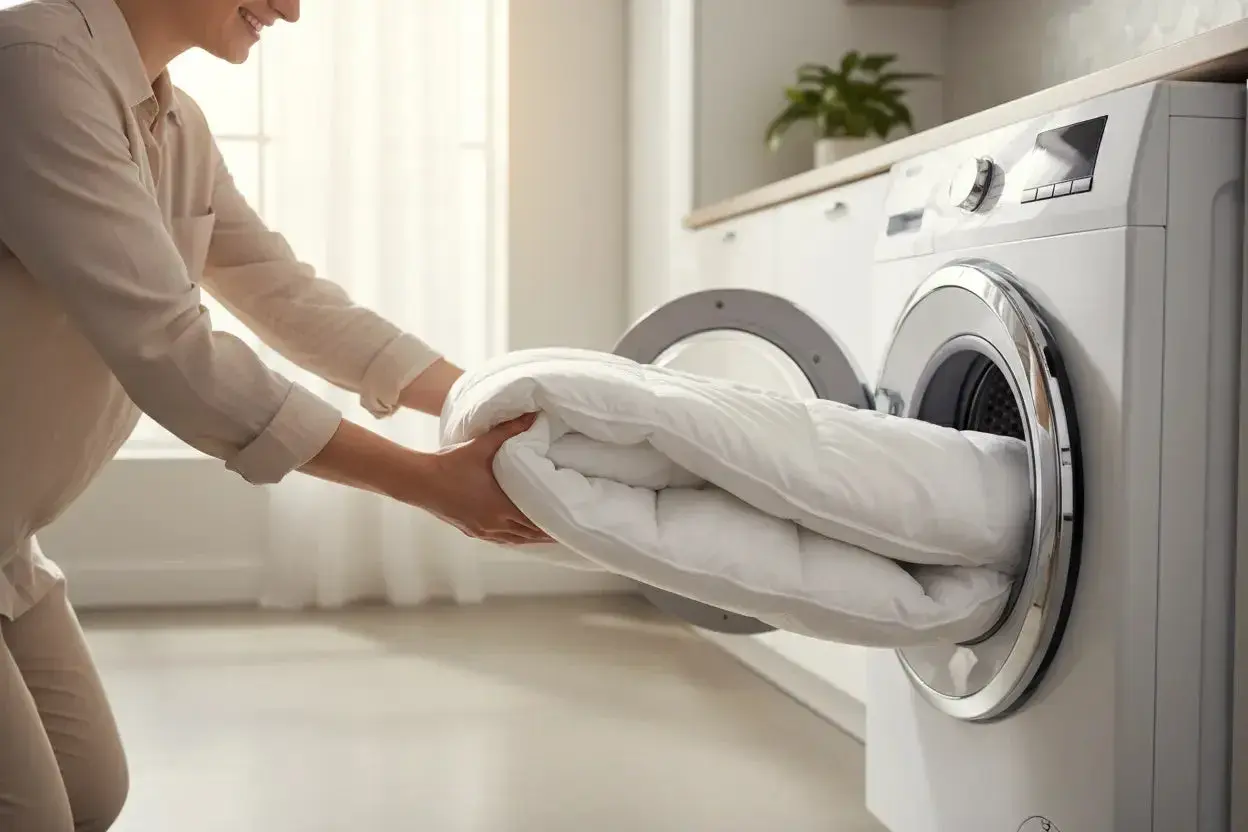 Une personne met un duvet blanc dans une machine à laver. C'est le moment de laver un duvet en machine pour le rendre tout propre.