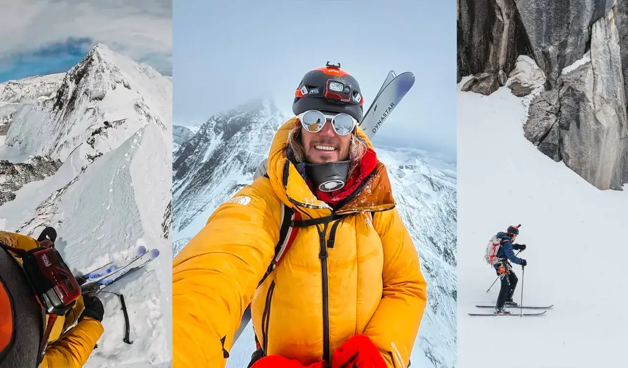 Anurag Maloo, skieur alpiniste, souriant en tenue de ski jaune, skis sur le dos, dans un paysage de montagne enneigé.