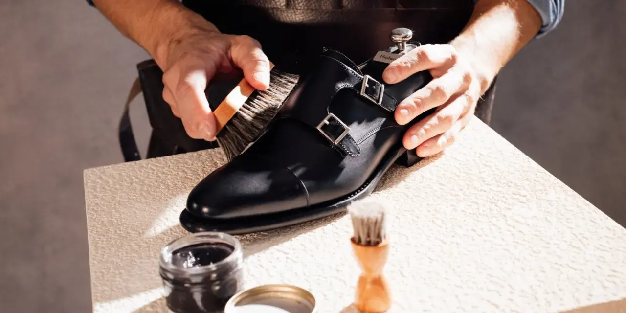 Un artisan brosse une chaussure noire à double boucle, lui redonnant son éclat. La tige de la chaussure est en cuir poli.