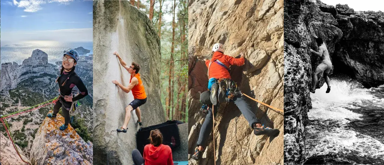Collage de grimpeurs en action : femme souriante en falaise, homme en bloc, grimpeur en voie, et homme en escalade marine. Un vrai topo escalade !
