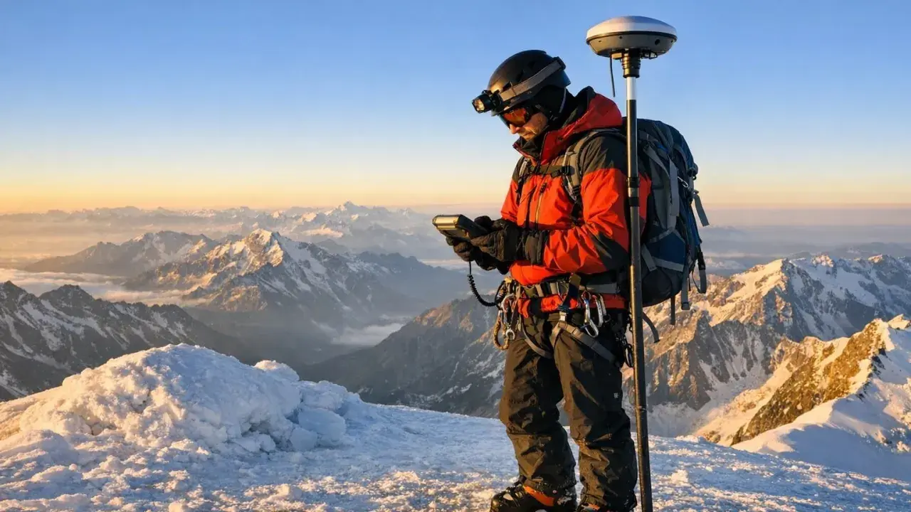 Un alpiniste équipé d'un GPS mesure la **cime** et son **altitude** au sommet d'une montagne enneigée, avec un panorama spectaculaire.