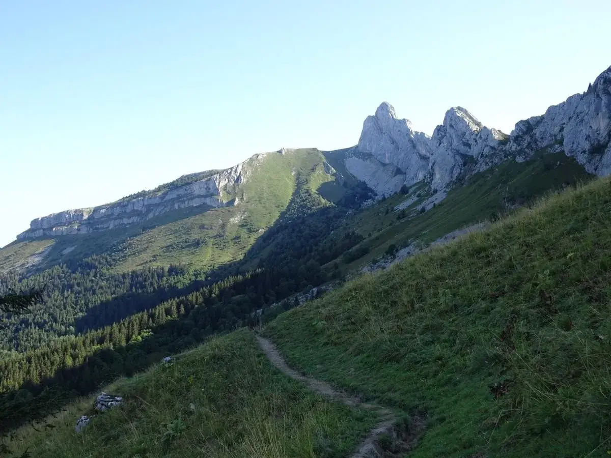 Sentier de randonnée au Col Vert, Villard de Lans. Paysage de montagne verdoyant avec falaises rocheuses et forêt.