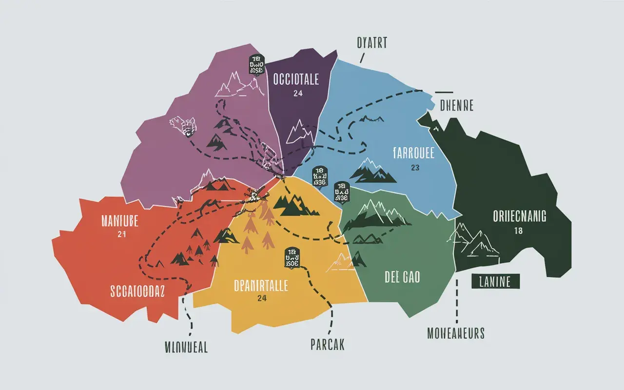 Carte stylisée des gr10 étapes, divisée en régions colorées avec des noms et des chiffres. Des sentiers en pointillés traversent les montagnes.