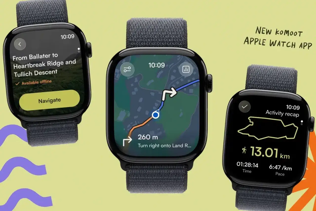Trois Apple Watch affichant l'application komoot : navigation, carte et récapitulatif d'activité. Idéal pour comparer komoot vs Strava pour vos aventures.