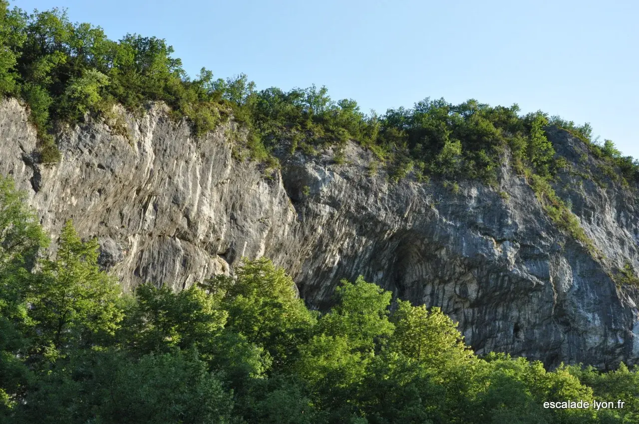 Falaise rocheuse imposante, la balme de Yenne offre un spectacle naturel saisissant, couronnée de verdure sous un ciel bleu.