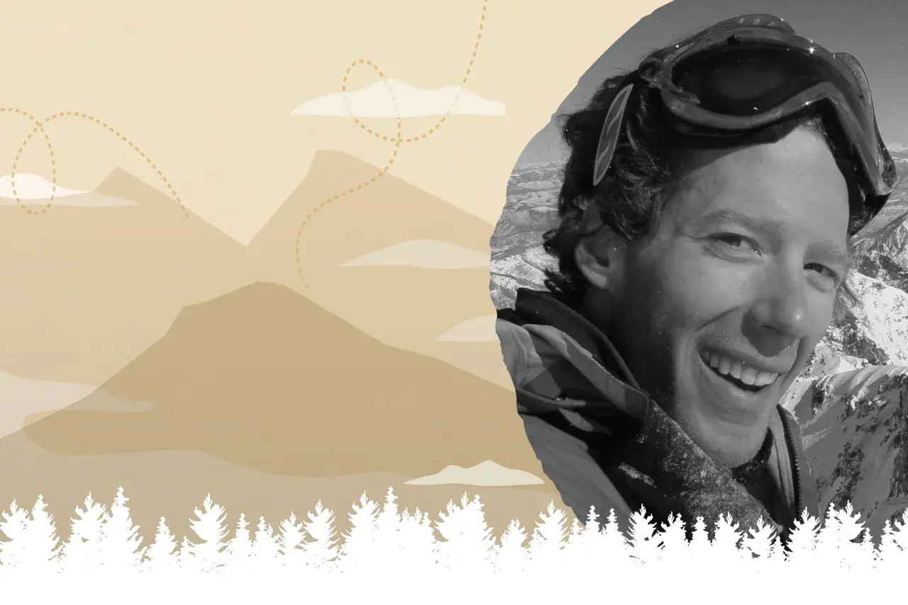 Aron Ralston, souriant, porte des lunettes de ski sur fond de montagnes enneigées et stylisées.