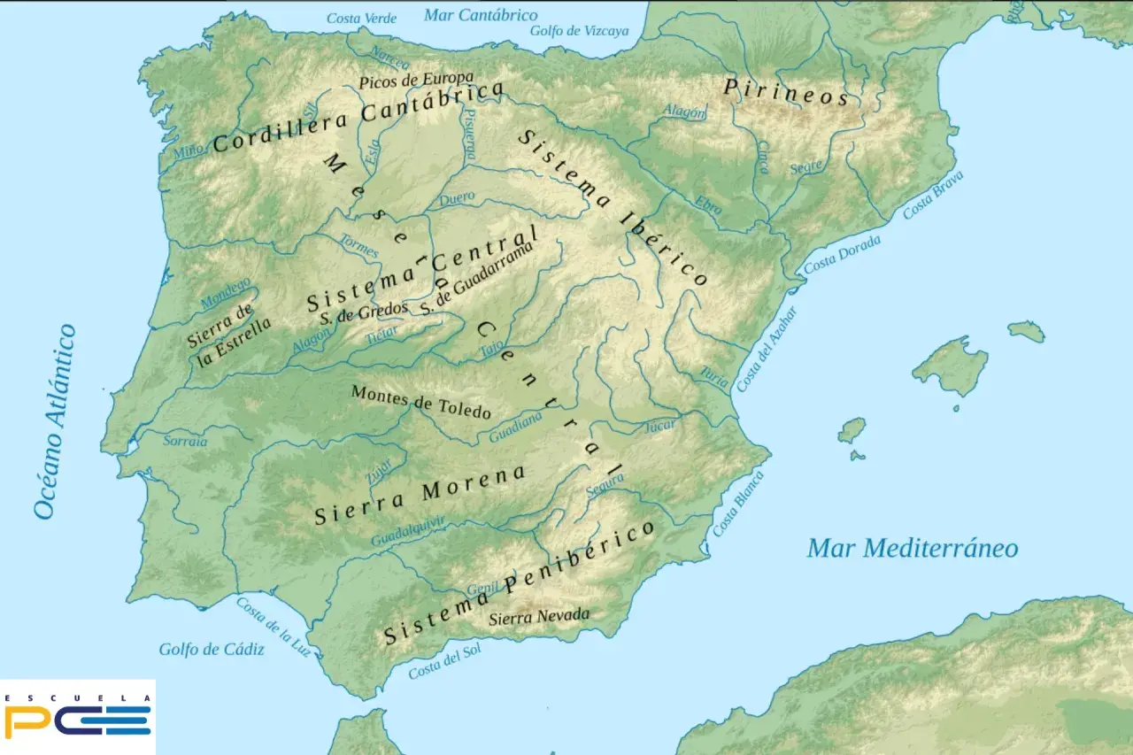 Carte topographique de la péninsule ibérique, montrant les montagnes d'Espagne, les fleuves et les côtes.