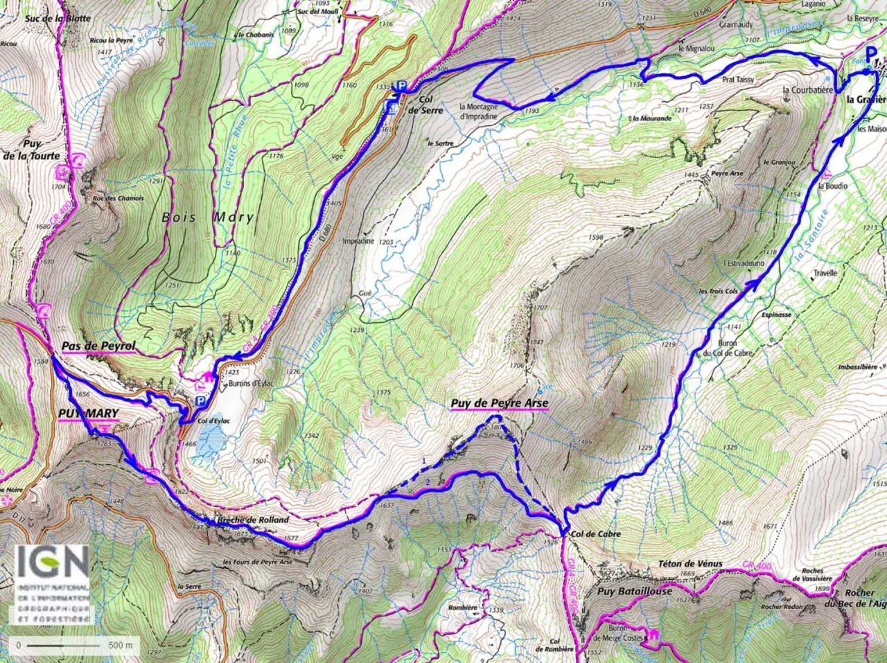 Carte IGN du Puy Mary et ses environs, avec des sentiers de randonnée balisés en bleu et rose.
