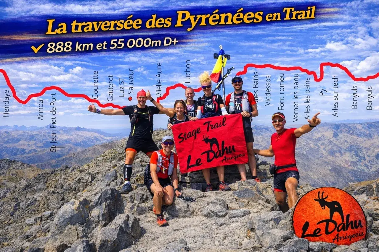Une équipe célèbre la fin de la traversée des Pyrénées en trail, 888 km de pur effort. Le Dahu Ariégeois, fier de son parcours.