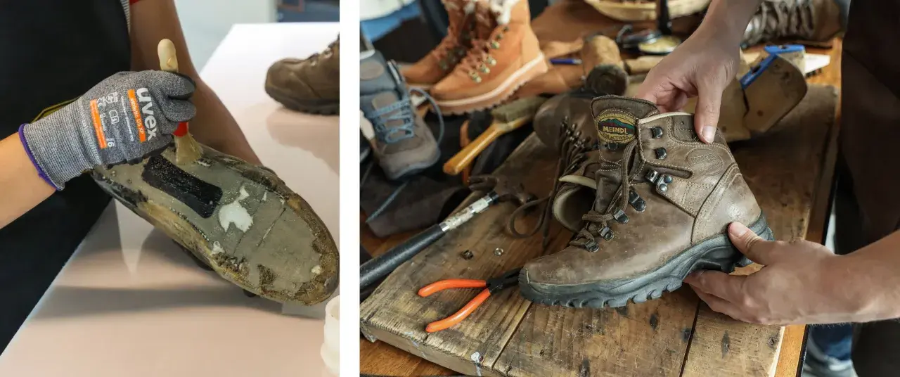 Réparation d'une chaussure de randonnée : application de colle sur la matière semelle extérieure chaussure. Outils de cordonnerie à proximité.