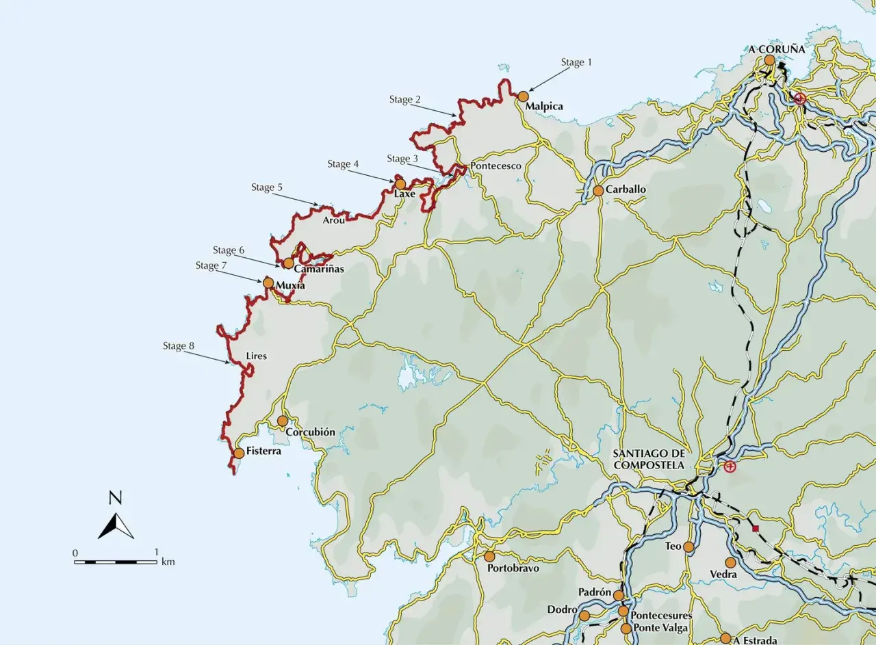 Carte du Camino dos Faros, un sentier côtier en Galice, Espagne, avec 8 étapes marquées de Malpica à Fisterra.