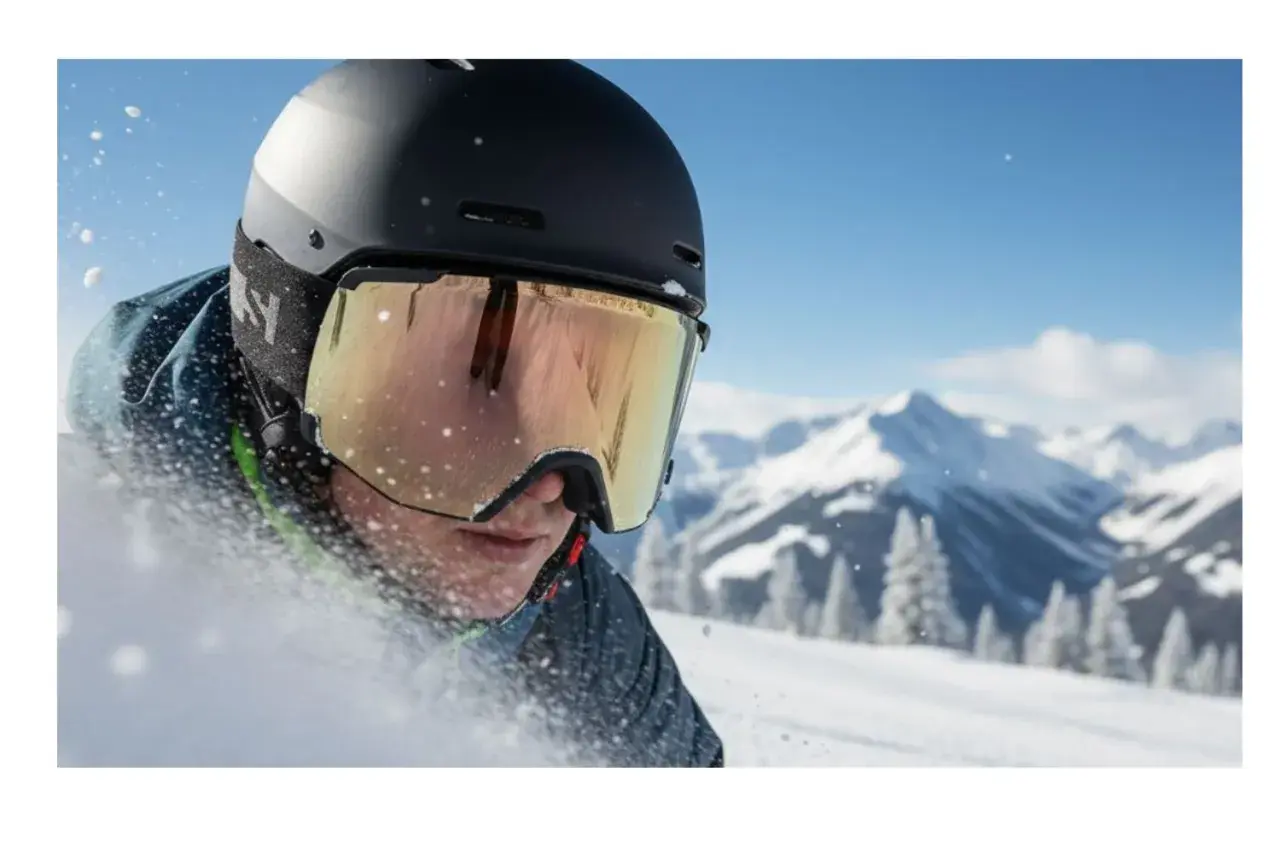 Un skieur en plein effort, le visage couvert de neige. Il est essentiel de nettoyer son masque de ski pour une visibilité parfaite sur les pistes enneigées.