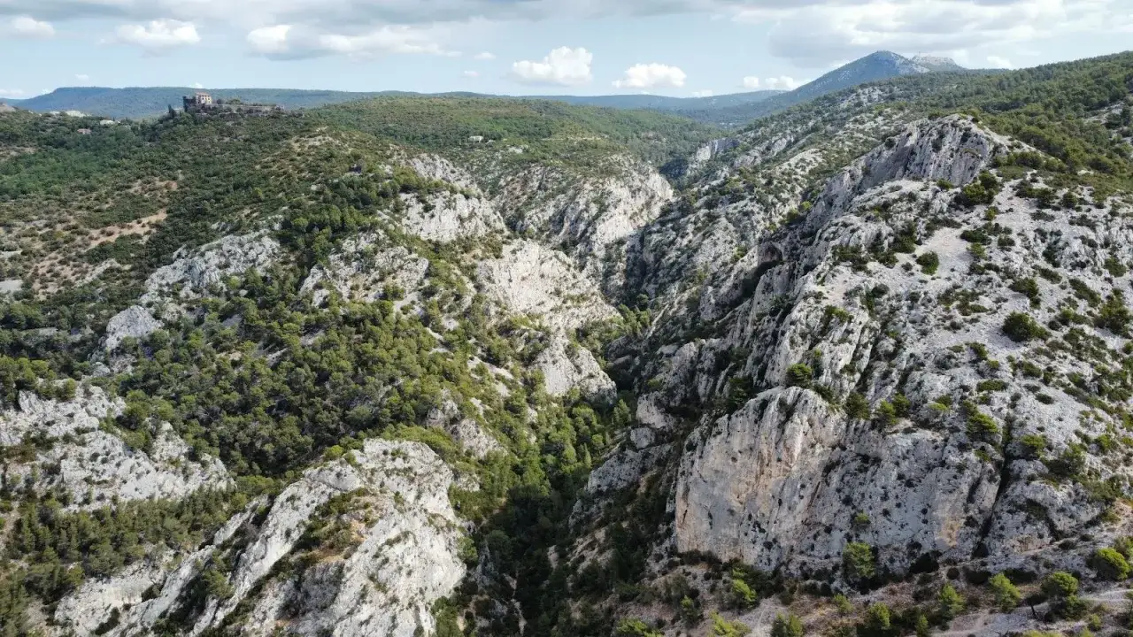 Vue aérienne de la gorge d'Ollioules, un canyon rocheux bordé de pins, avec un ancien château en ruines sur une colline au loin.