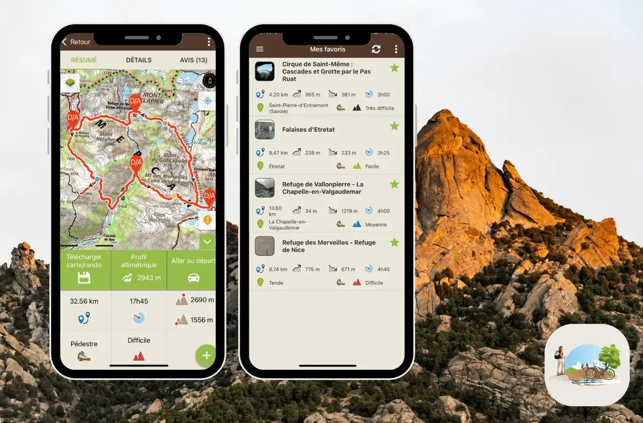Comparaison des applications de randonnée : komoot vs Strava. L'une montre une carte détaillée d'un sentier, l'autre une liste de favoris.