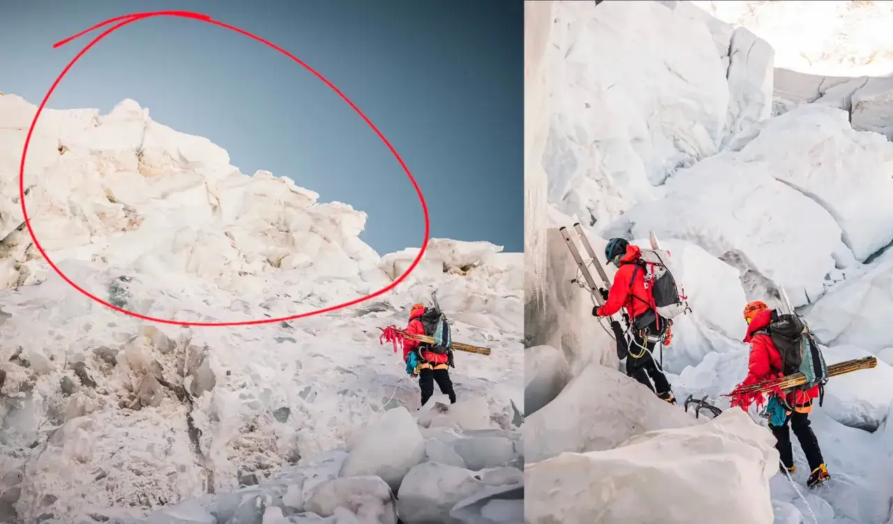 Anurag Maloo et son &eacute;quipe escaladent une paroi glac&eacute;e, &eacute;quip&eacute;s de piolets et d'une &eacute;chelle. Le sommet enneig&eacute; se dresse sous un ciel bleu.