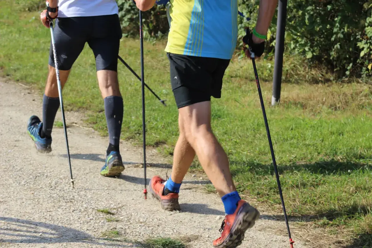 Deux marcheurs nordiques sur un sentier. La question