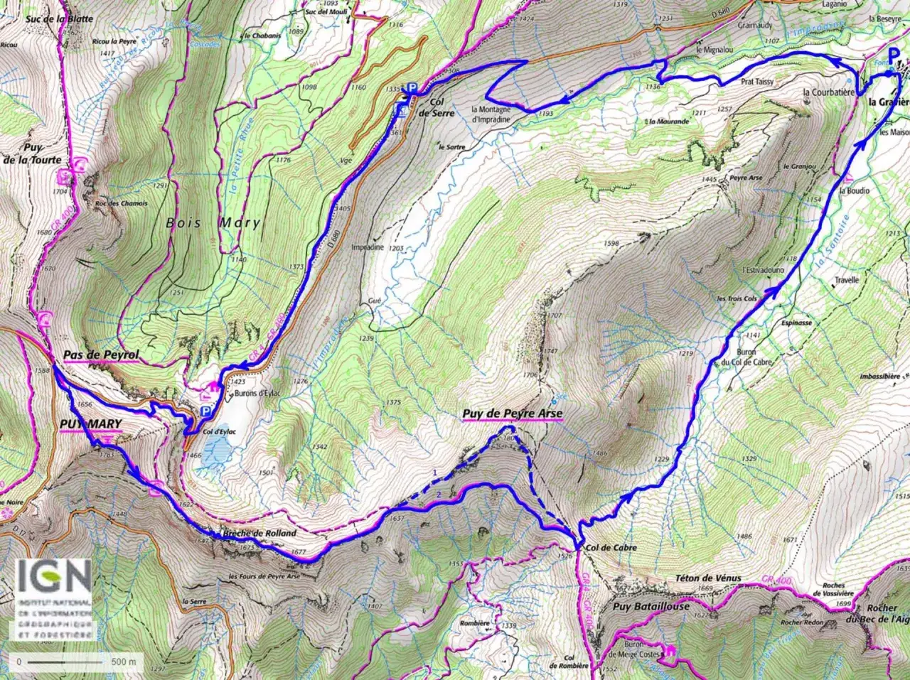 Carte IGN du Puy Mary et des environs, avec sentiers de randonnée balisés en bleu et rose.