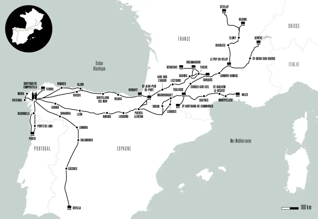 Carte des &eacute;tapes du Camino de Santiago en France et en Espagne, montrant les diff&eacute;rentes routes menant &agrave; Saint-Jacques-de-Compostelle.