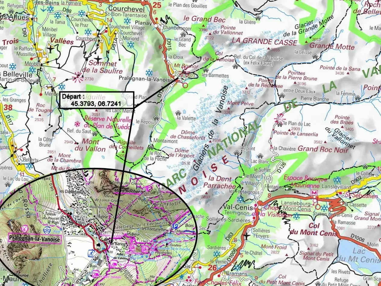 Carte du parc de la Vanoise avec le d&eacute;part indiqu&eacute; &agrave; Aiguille. Les coordonn&eacute;es GPS sont visibles.