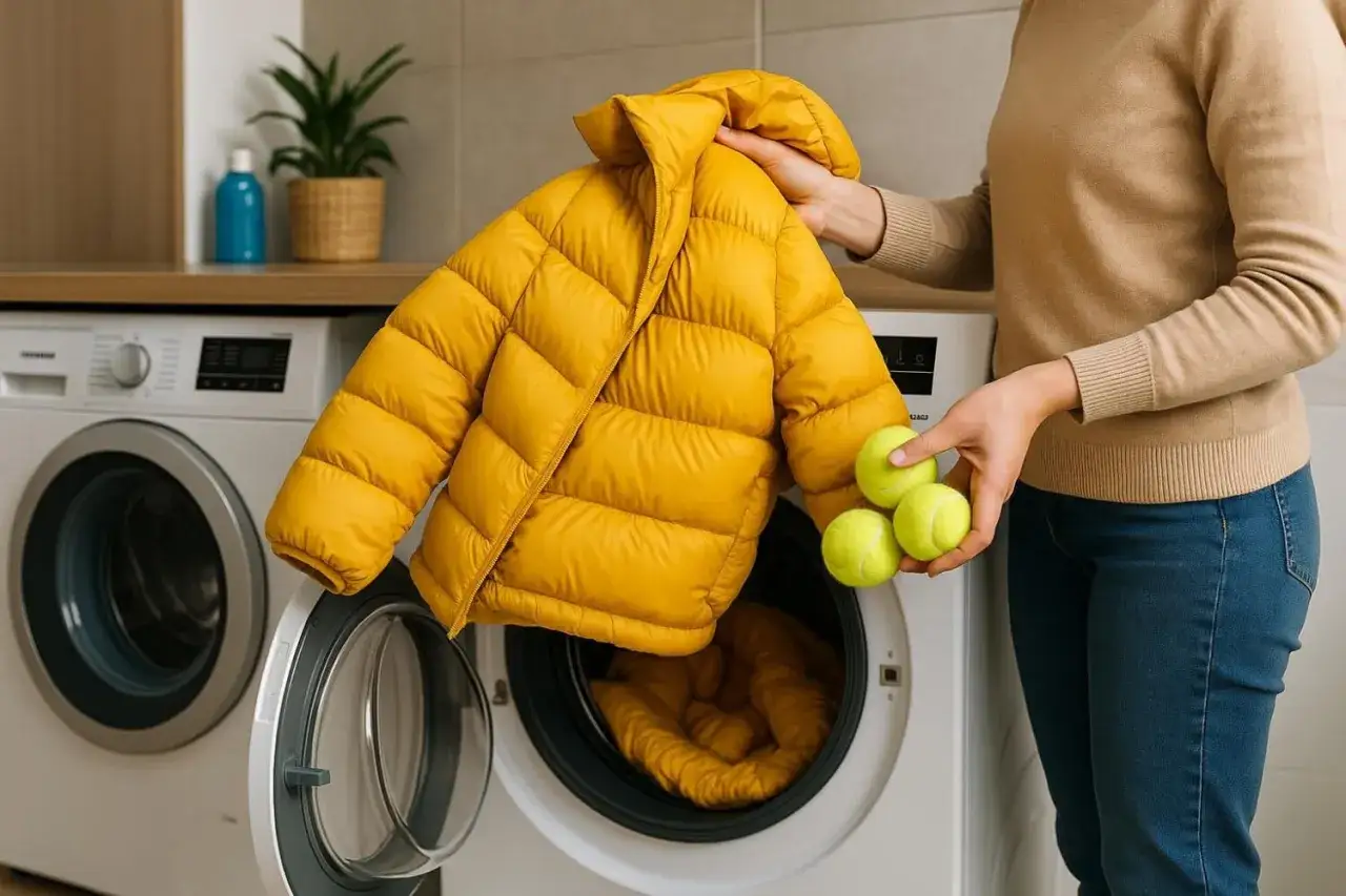 Une personne tient une doudoune jaune et des balles de tennis pour redonner du gonflant à la doudoune dans une machine à laver.