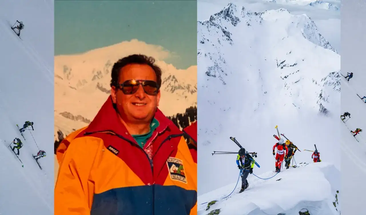 Portrait d'un guy blanc souriant en veste de ski color&eacute;e, juxtapos&eacute; &agrave; des skieurs en action sur des pentes enneig&eacute;es.