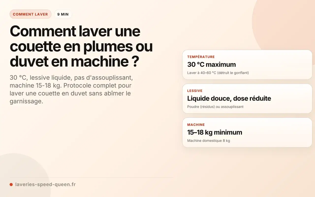 Guide pour le lavage d'une couette en duvet ou plumes en machine : 30&deg;C, lessive liquide, pas d'assouplissant, machine 15-18 kg.