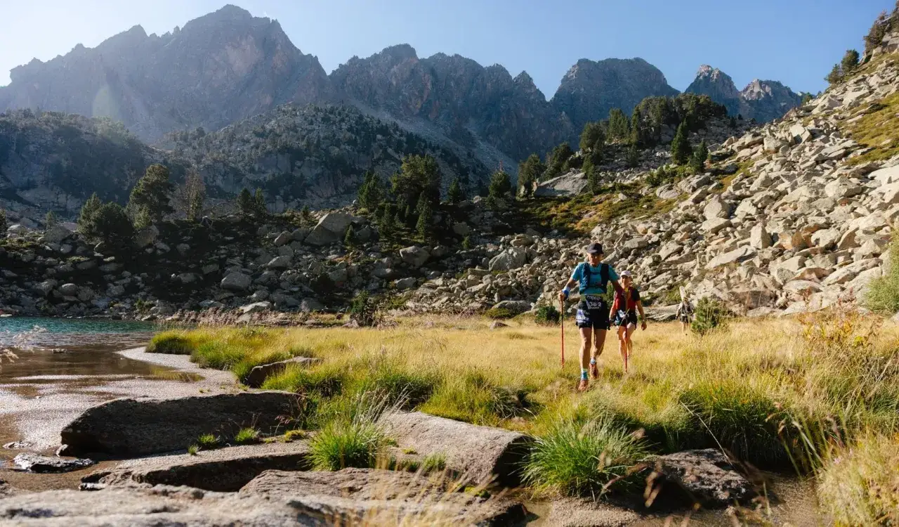 Coureurs sur le transpyrénéenne trail, traversant une prairie d'herbes hautes près d'un lac, avec des montagnes rocheuses en arrière-plan.