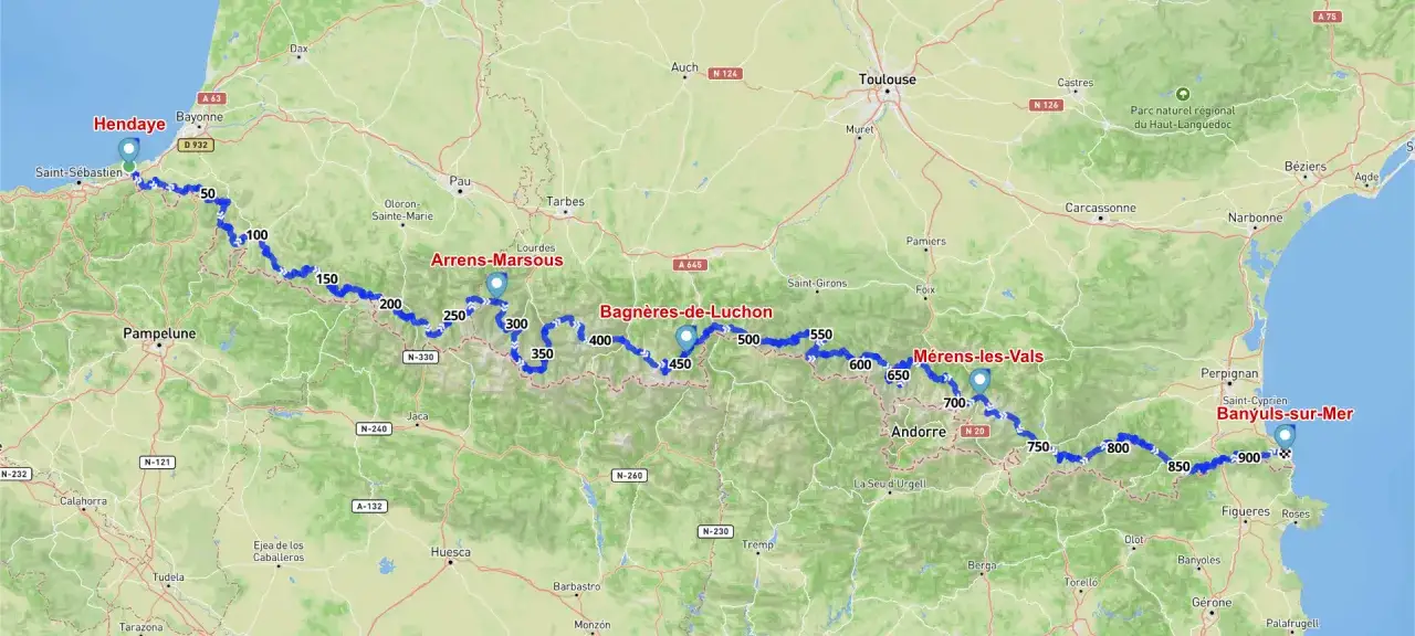 Carte des gr10 &eacute;tapes, de Hendaye &agrave; Banyuls-sur-Mer, traversant les Pyr&eacute;n&eacute;es.