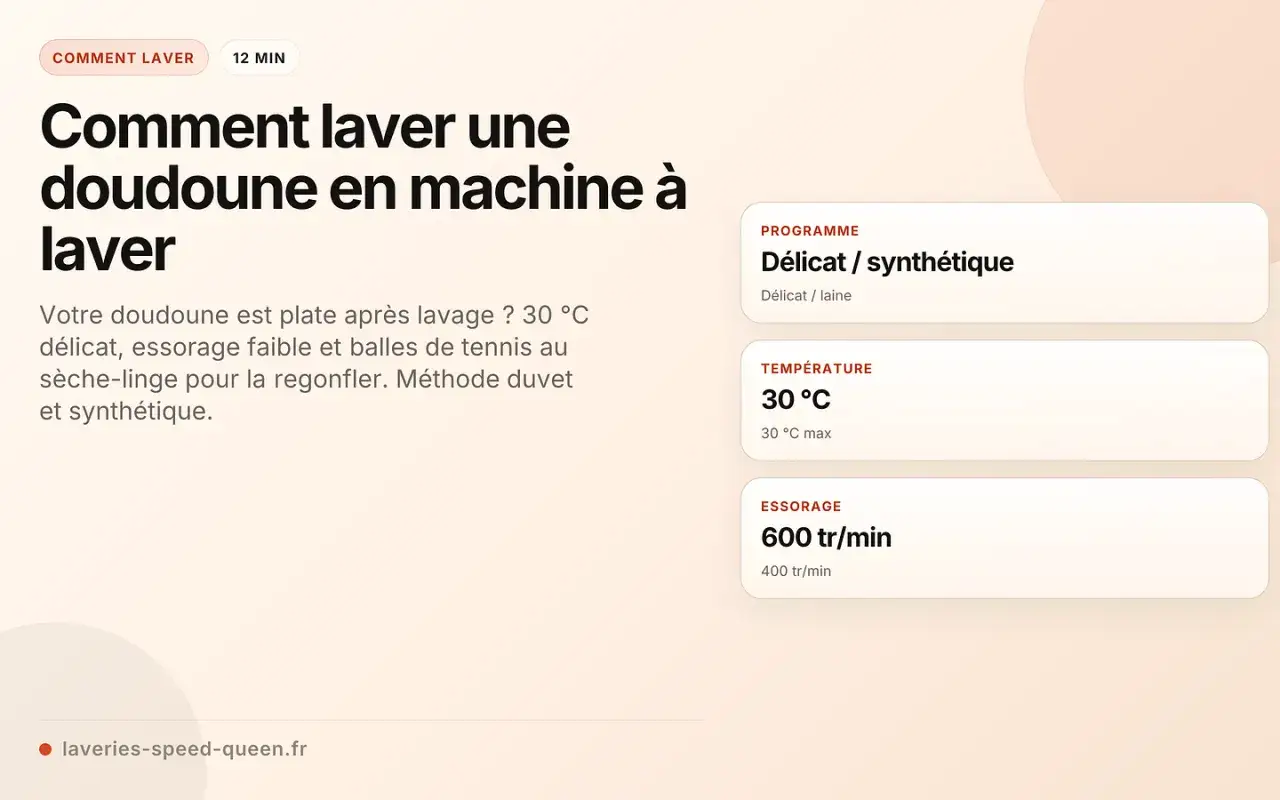 Guide pour laver une doudoune en machine : programme d&eacute;licat, 30&deg;C, essorage 600 tr/min. Astuce : balles de tennis au s&egrave;che-linge pour la regonfler.