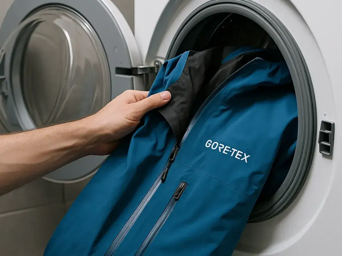 Main tenant met une veste Gore-Tex bleue dans une machine &agrave; laver pour son lavage.