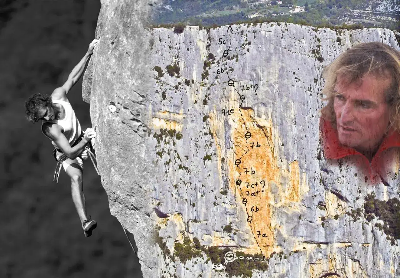 Patrick Edlinger, icône de l'escalade, sur une paroi rocheuse. La voie est marquée de cotations, évoquant sa famille de grimpeurs.
